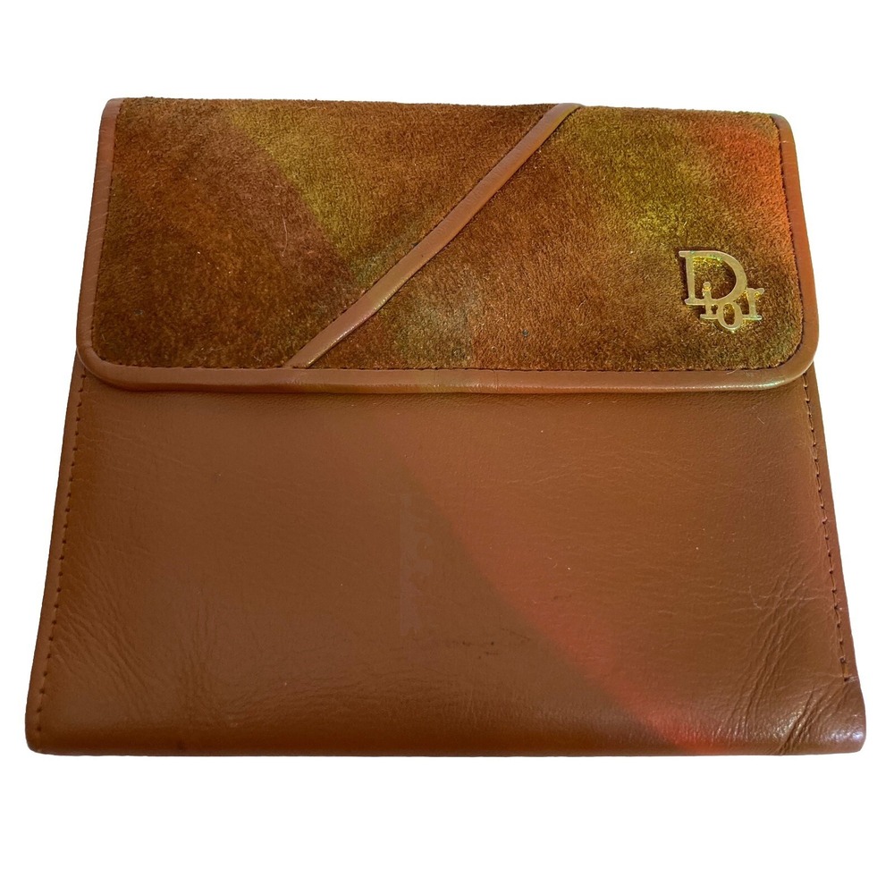 Vintage Christian Dior Bifold Brown Leather & Suede Wallet w/ Snap Closure